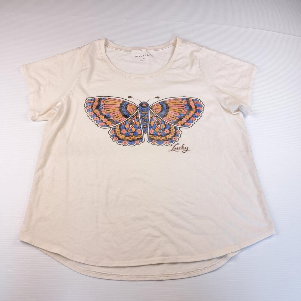 Lucky Brand Shirt Womens XL White Butterfly Graphic Short Sleeve Tee Top